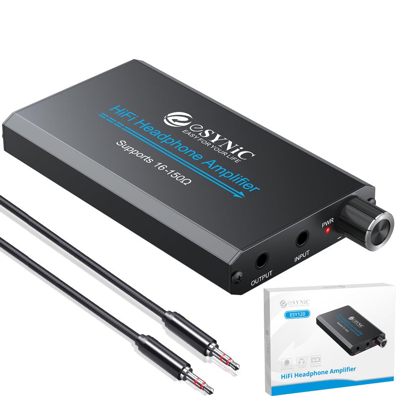 eSynic 16-150Î© Headphone Amplifier Poratble- HiFi 3.5MM Audio Headphone Amp Rechargeable with 2-Stage Gain Switch-Aluminum Alloy Body & 12H Playtime for Car/MP3&4/Phone/PC/Laptop (3.5mm AUX) - Image 1